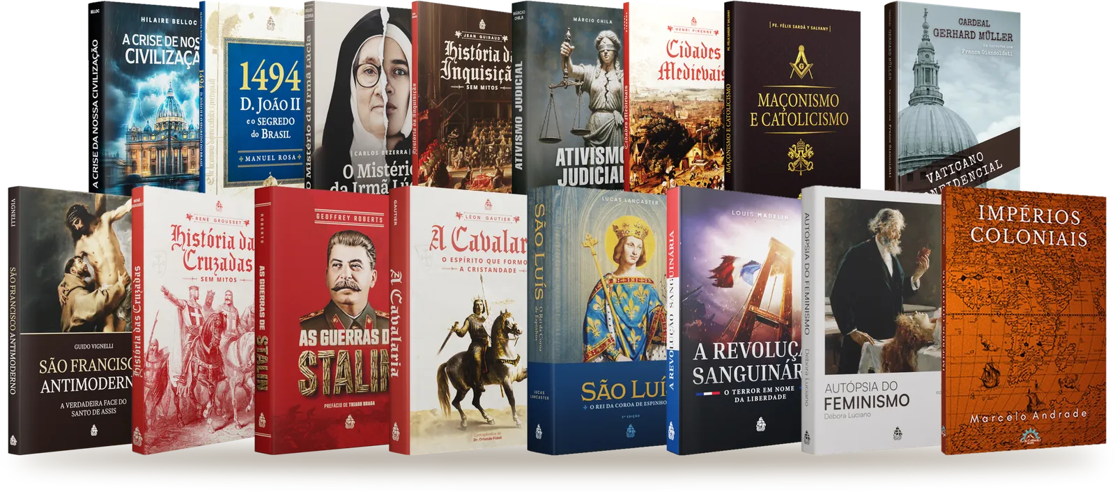 Livros da Editora Caravelas: São Francisco Antimoderno, História das Cruzadas, As Guerras de Stalin, A Cavalaria, São Luís, A Revolução Sanguinária, Autópsia do Feminismo, Impérios Coloniais, entre outros